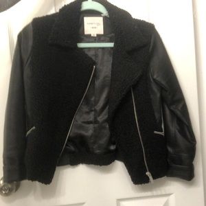 Girls black faux leather and fleece biker jacket